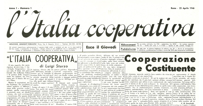 Confcooperative celebra gli 80 anni di Italia Cooperativa. Sul primo numero l'editoriale di Don Luigi Sturzo